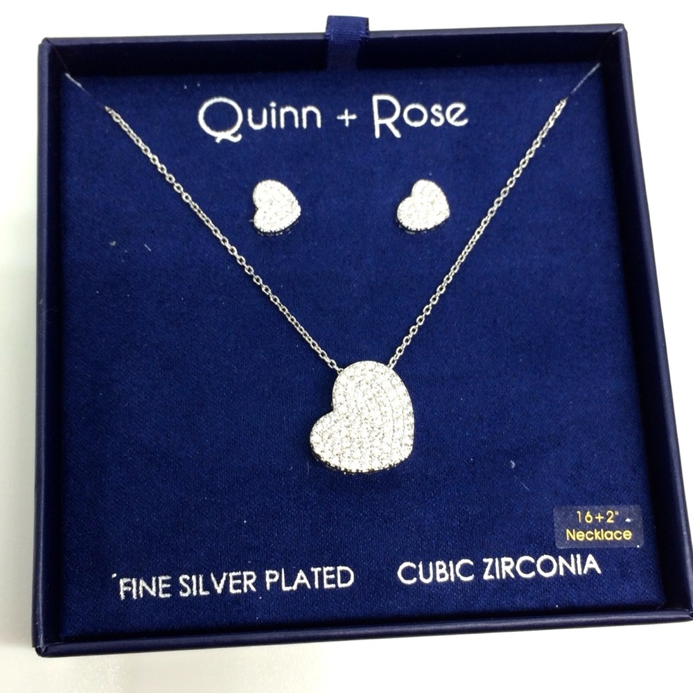 3/$30 QUINN + ROSE SILVER PLATE CZ ZIRCONIA NECKLACE EARRING SET HEART PENDANT - Picture 3 of 9